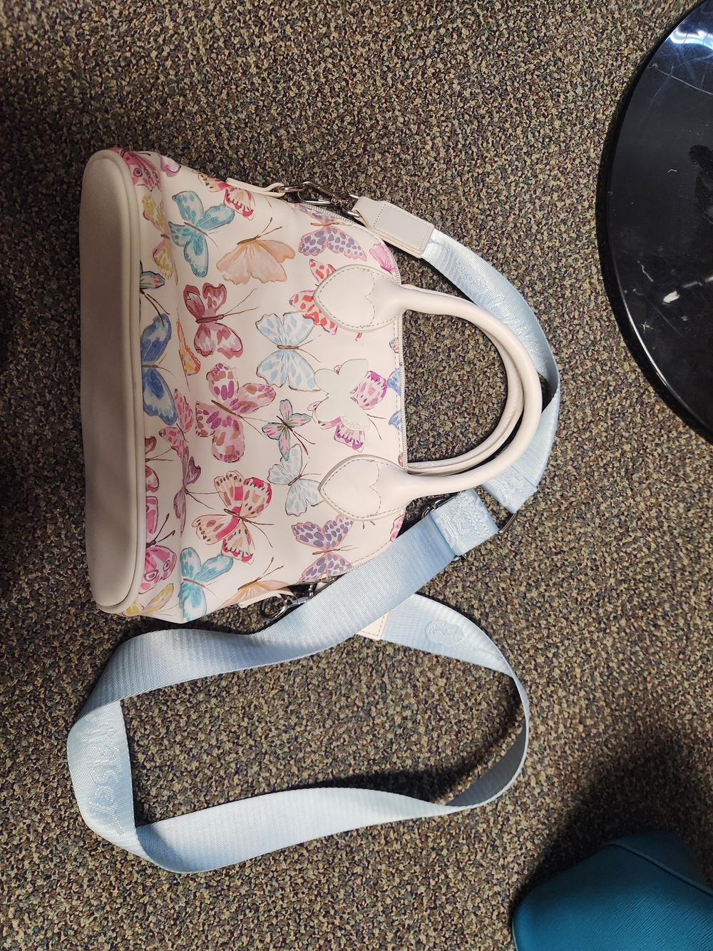 White Butterfly Print Crossbody Satchel with Light Blue Strap